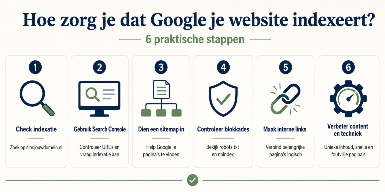 Stappen om te zorgen dat Google je website indexeert: crawlen, indexeren en ranking in zoekresultaten.